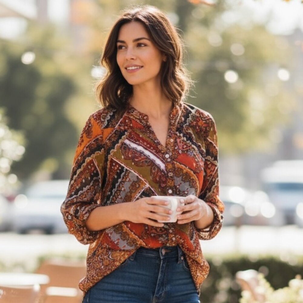 Figueroa And Flower Bohemian Mixed Print Women's Tunic‎ Top L Gold Accents #256L